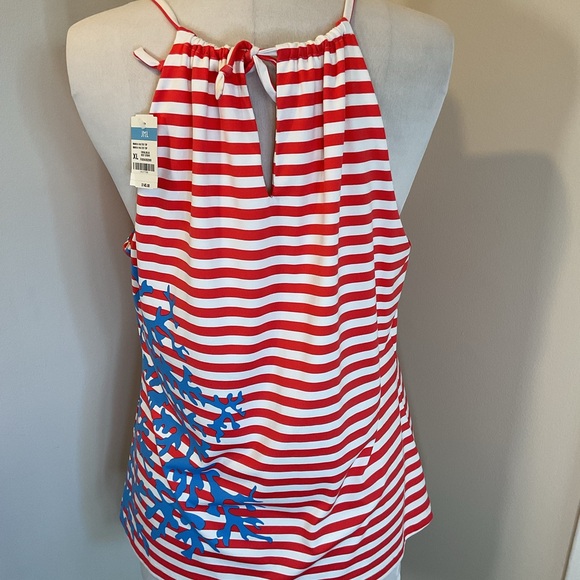 J. McLaughlin Red and White Striped Tank Top with Blue Coral Design - Picture 5 of 5